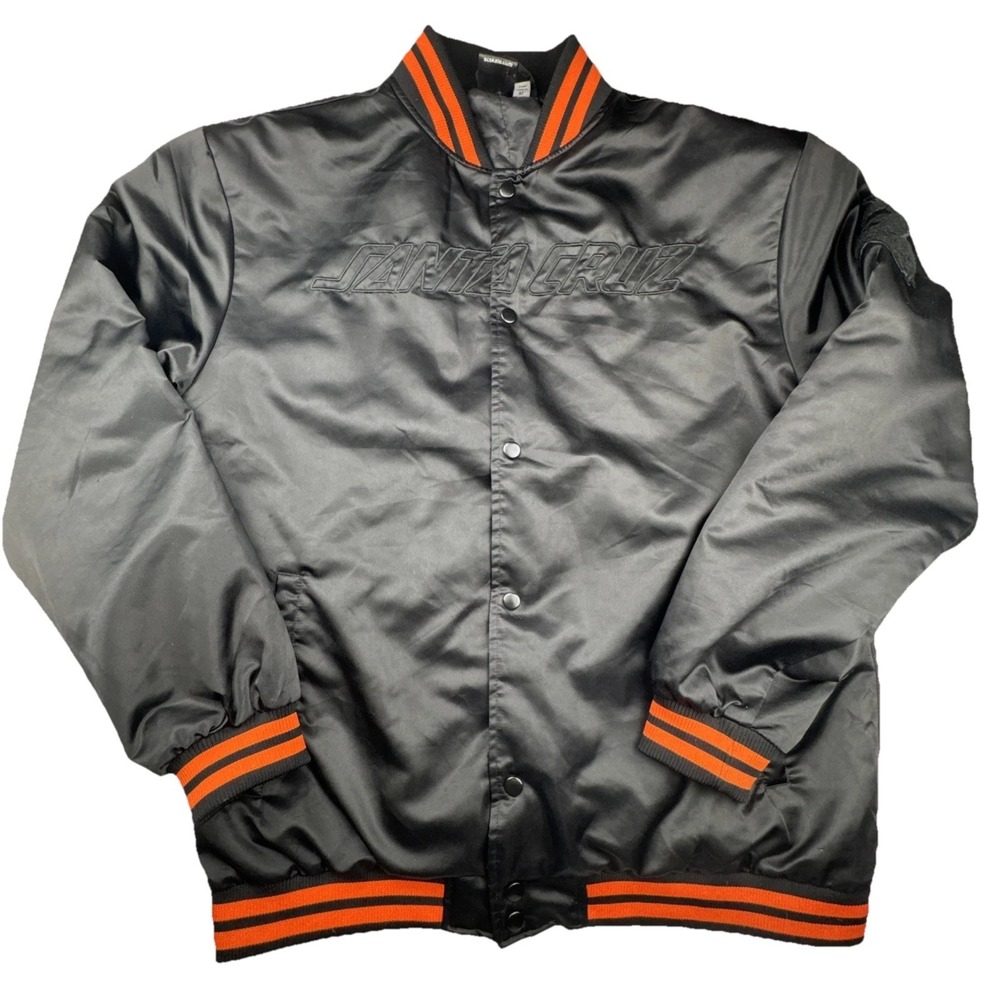 Santa Cruz Mens Varsity Jacket XL Black Satin Skateboarding Screaming Hand Logo